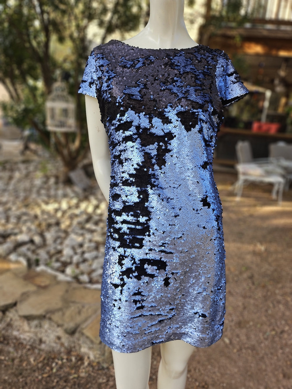 Sam Edelman Sequin Reversible Short Sleeve Shift Dress - Blue/Black Size 8